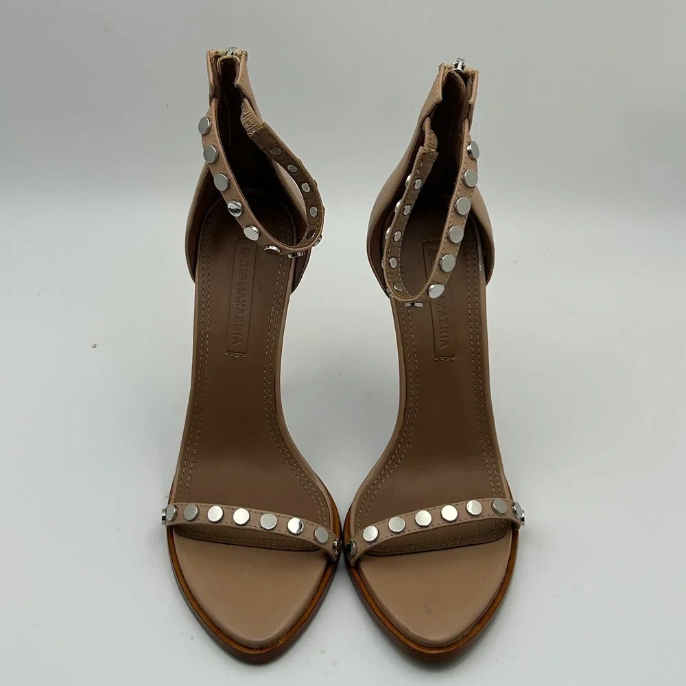 BCBGMAXAZRIA Marie Sandals Womens 7.5 Tan Studded Leather Stiletto Edgy Chic